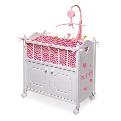Badger Basket Cabinet Doll Crib With Chevron Bedding And Free Personalization Kit - White/Pink 3 Badger Basket Cabinet Doll Crib With Chevron Bedding And Free Personalization Kit - White/Pink
