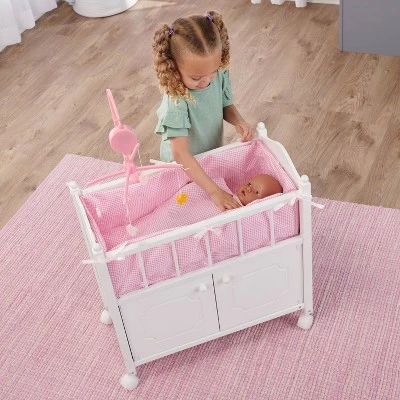 Badger Basket Cabinet Doll Crib With Gingham Bedding And Free Personalization Kit - White/Pink 4 Badger Basket Cabinet Doll Crib With Gingham Bedding And Free Personalization Kit - White/Pink - Image 3