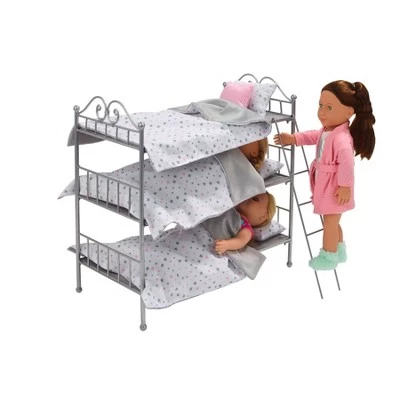 Badger Basket Scrollwork Metal Triple Doll Bunk Bed With Ladder And Bedding - Silver/Pink/Stars 4 Badger Basket Scrollwork Metal Triple Doll Bunk Bed With Ladder And Bedding - Silver/Pink/Stars - Image 2
