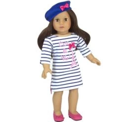 Sophia’s Striped Eiffel Tower Dress & Beret For 18” Dolls, Royal Blue