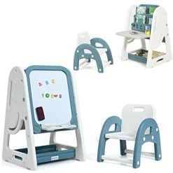 Costway 2 In 1 Kids Easel Desk Chair Set Book Rack Adjustable Art Painting Board Blue/Gray -Dolls Discount Store GUEST 3e8595d2 e762 415b a872 2084f3bc2213