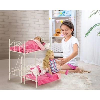 Badger Basket Scrollwork Metal Doll Loft Bed With Daybed And Bedding - White/Pink 3 Badger Basket Scrollwork Metal Doll Loft Bed With Daybed And Bedding - White/Pink