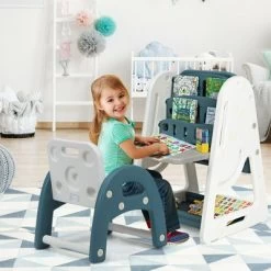 Costway 2 In 1 Kids Easel Desk Chair Set Book Rack Adjustable Art Painting Board Blue/Gray -Dolls Discount Store GUEST 74efbeb6 0e26 44be b3e5 3932f01a0699