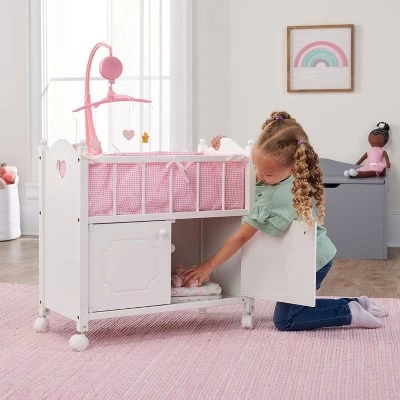 Badger Basket Cabinet Doll Crib With Gingham Bedding And Free Personalization Kit - White/Pink 3 Badger Basket Cabinet Doll Crib With Gingham Bedding And Free Personalization Kit - White/Pink - Image 2