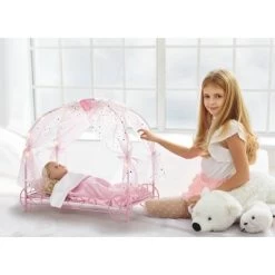Badger Basket Royal Carriage Metal Doll Bed With Canopy Bedding And LED Lights - Pink/White/Stars