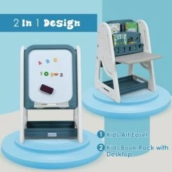 Costway 2 In 1 Kids Easel Desk Chair Set Book Rack Adjustable Art Painting Board Blue/Gray -Dolls Discount Store GUEST dec179e5 6de0 4e98 a92f 292c53580096